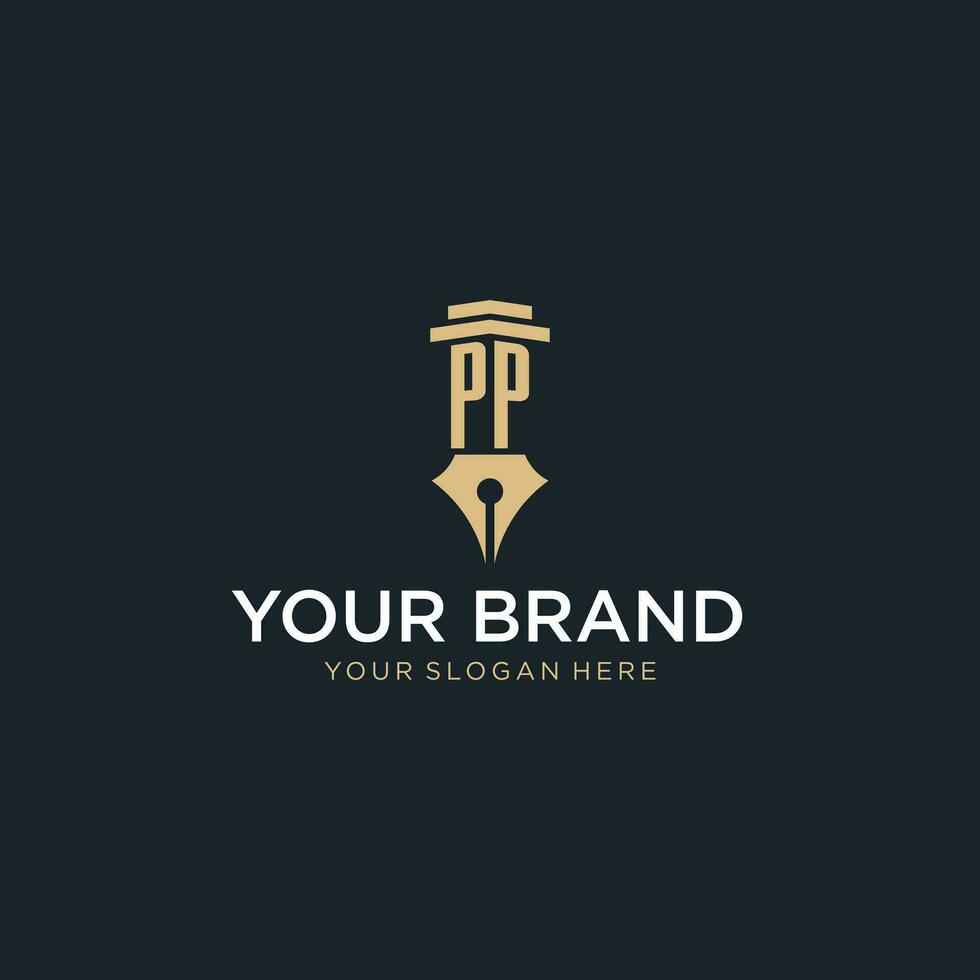 PP monogram initial logo with fountain pen and pillar style vector