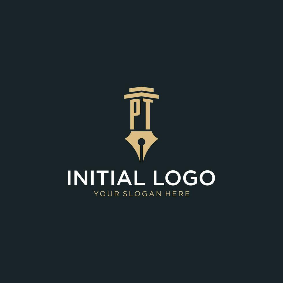 PT monogram initial logo with fountain pen and pillar style vector