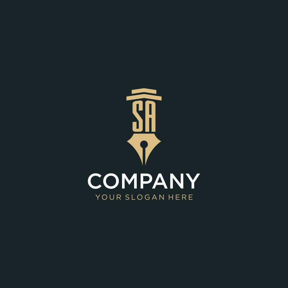 SA monogram initial logo with fountain pen and pillar style vector