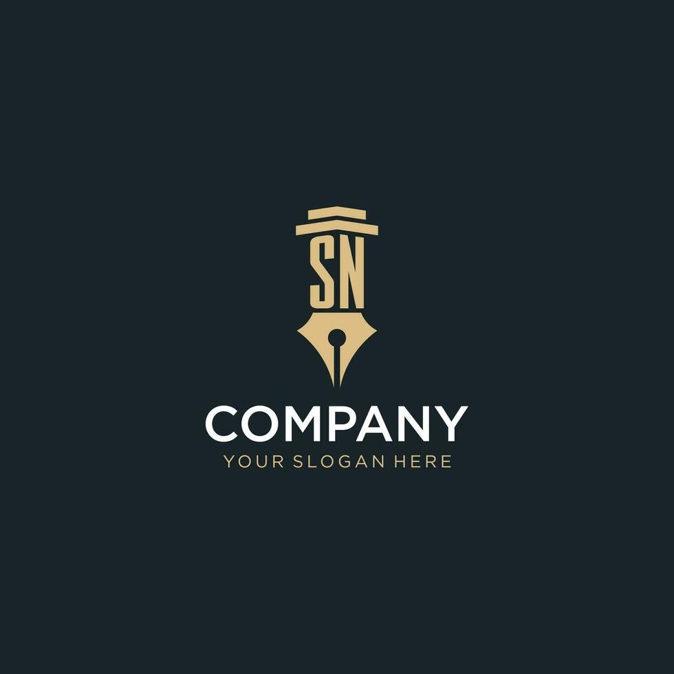 SN monogram initial logo with fountain pen and pillar style vector