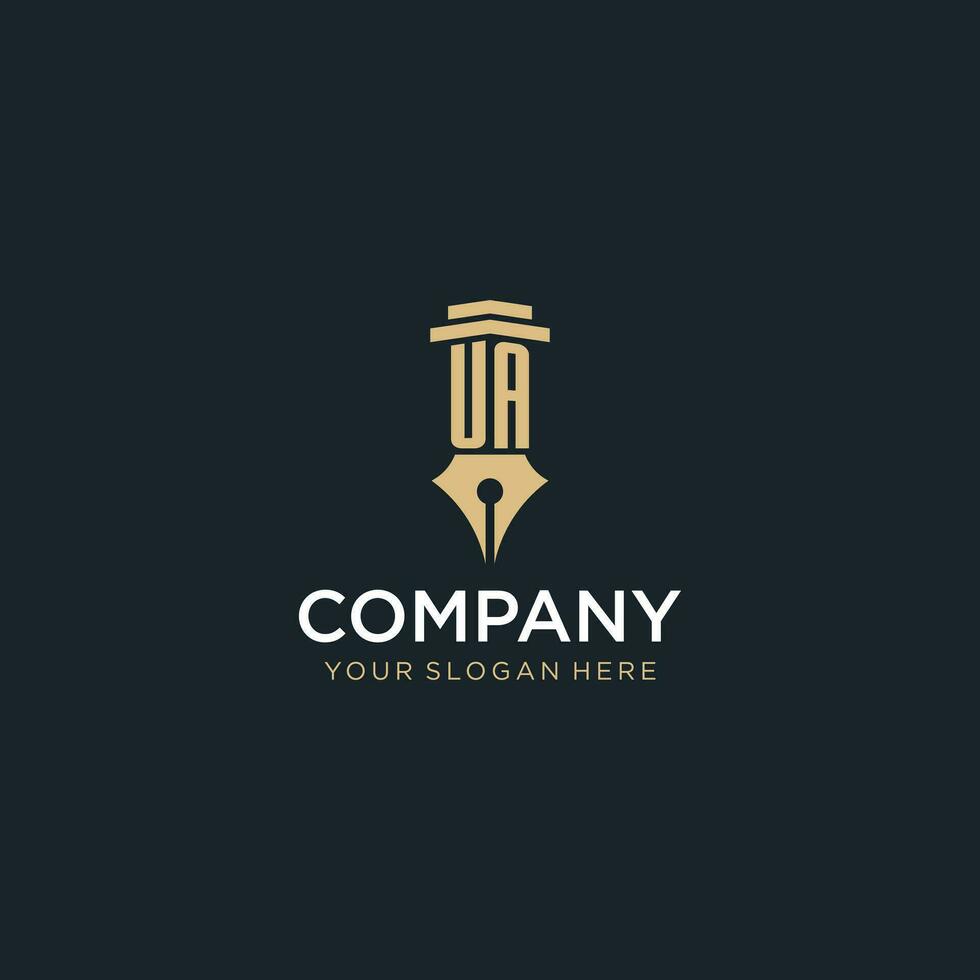 UA monogram initial logo with fountain pen and pillar style vector