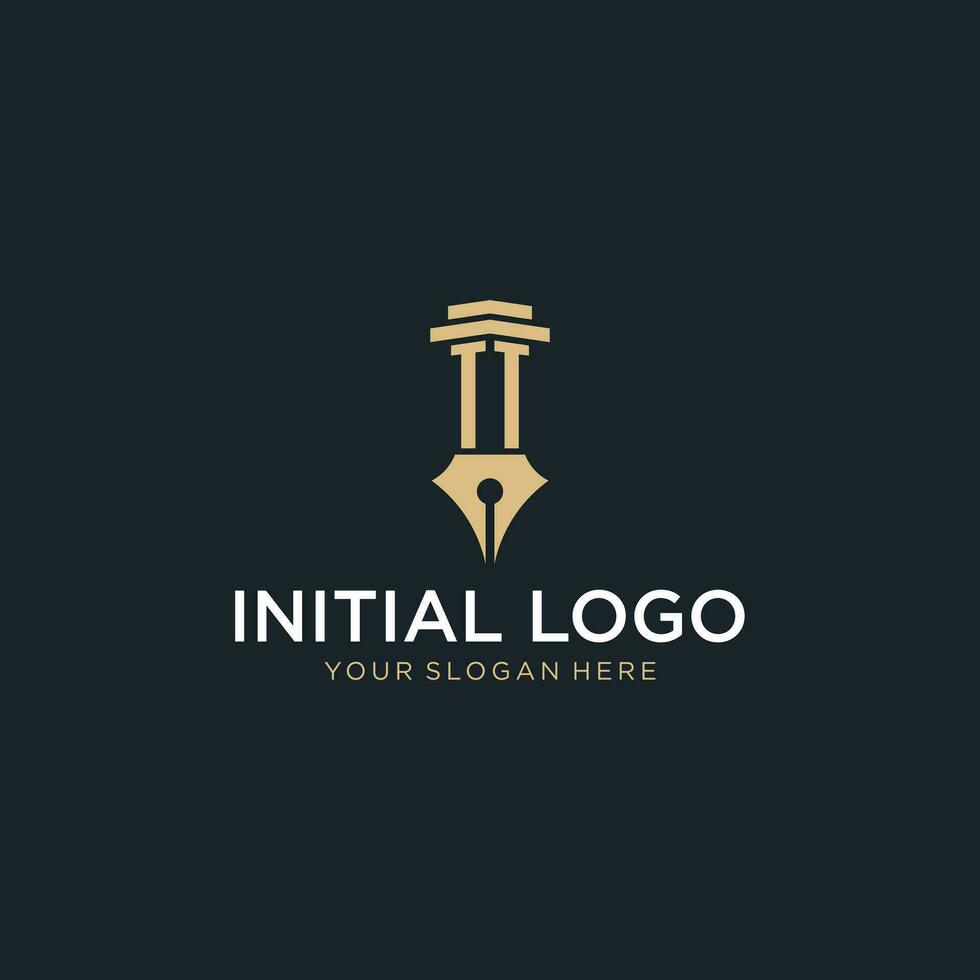 TT monogram initial logo with fountain pen and pillar style vector