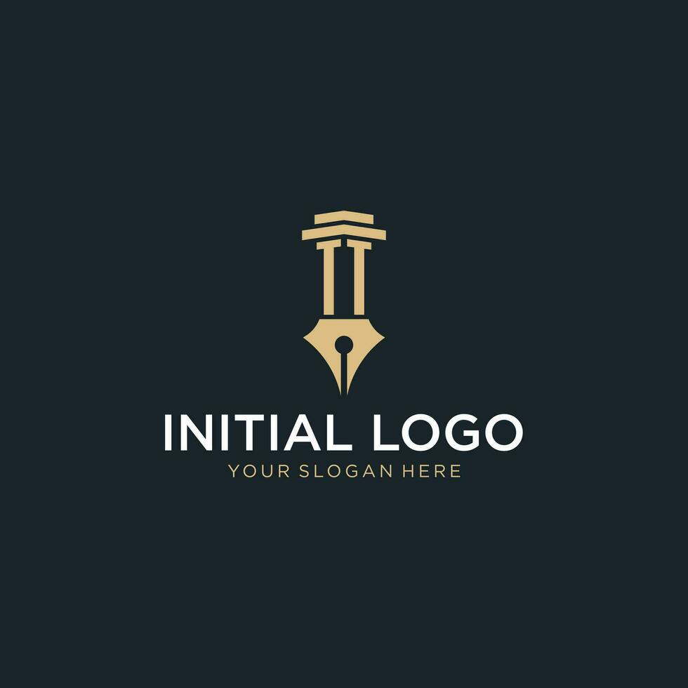 TT monogram initial logo with fountain pen and pillar style vector