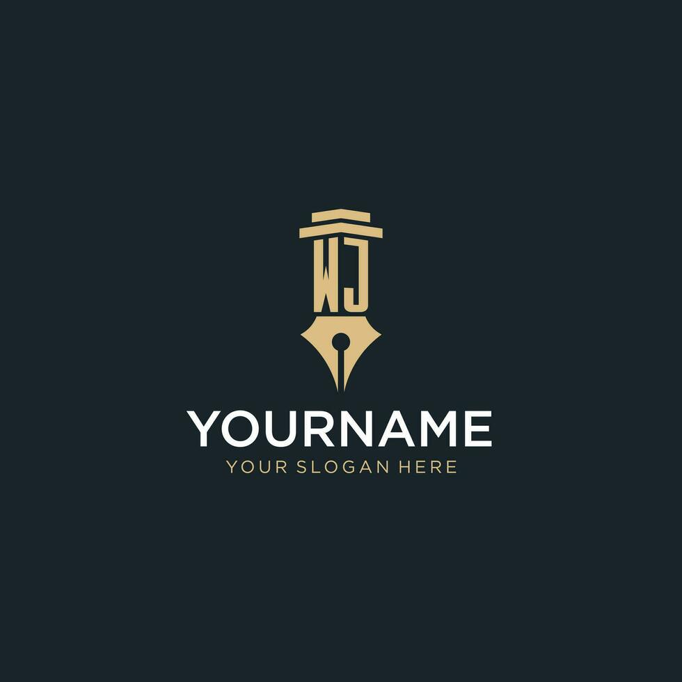 WJ monogram initial logo with fountain pen and pillar style vector