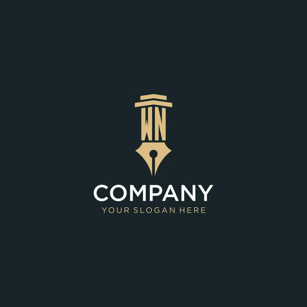 WN monogram initial logo with fountain pen and pillar style vector