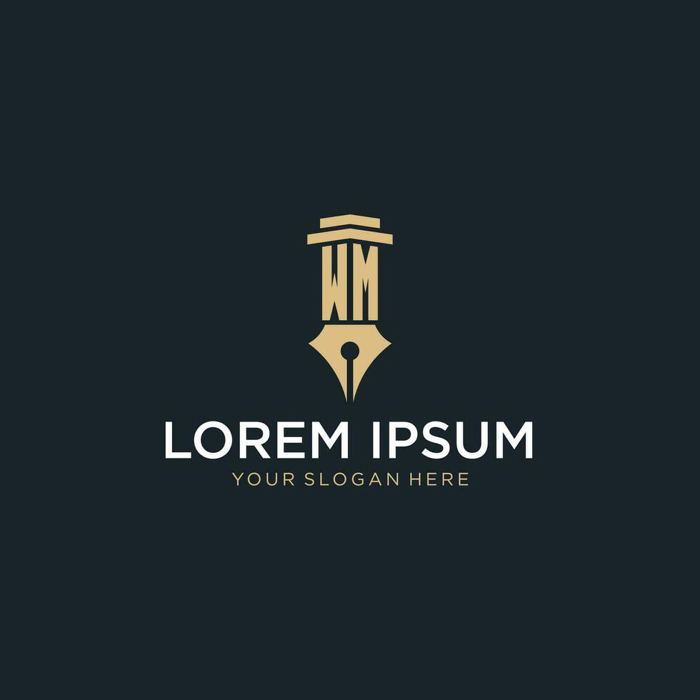WM monogram initial logo with fountain pen and pillar style vector