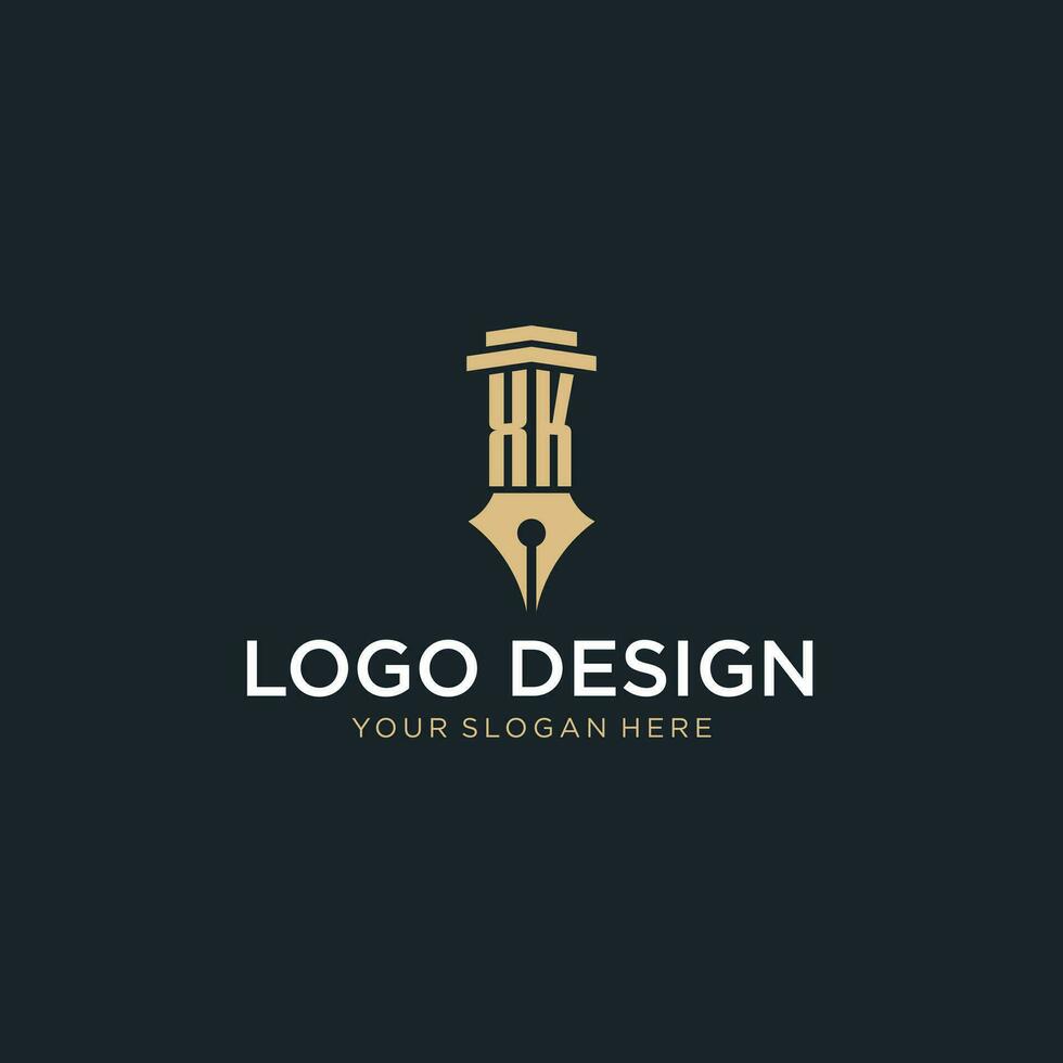 XK monogram initial logo with fountain pen and pillar style vector