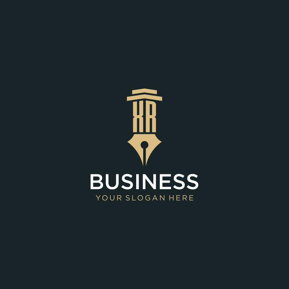 XR monogram initial logo with fountain pen and pillar style vector