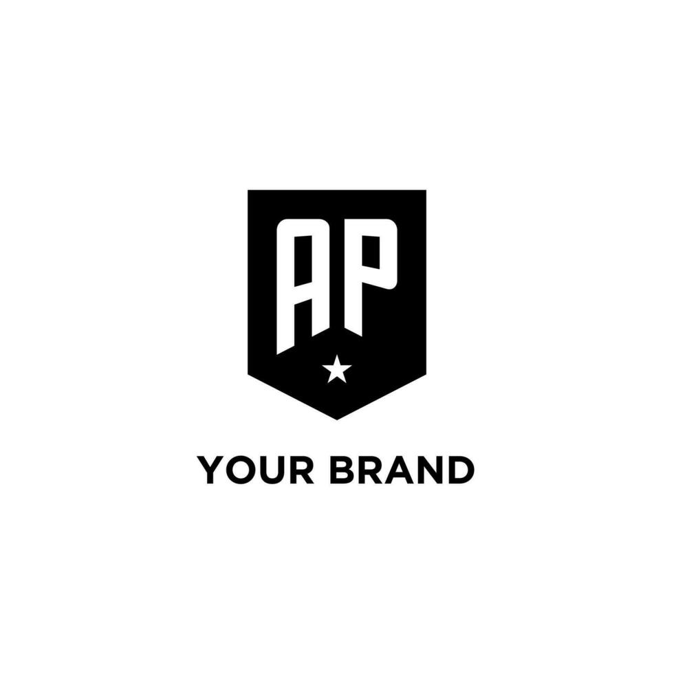 AP monogram initial logo with geometric shield and star icon design style vector