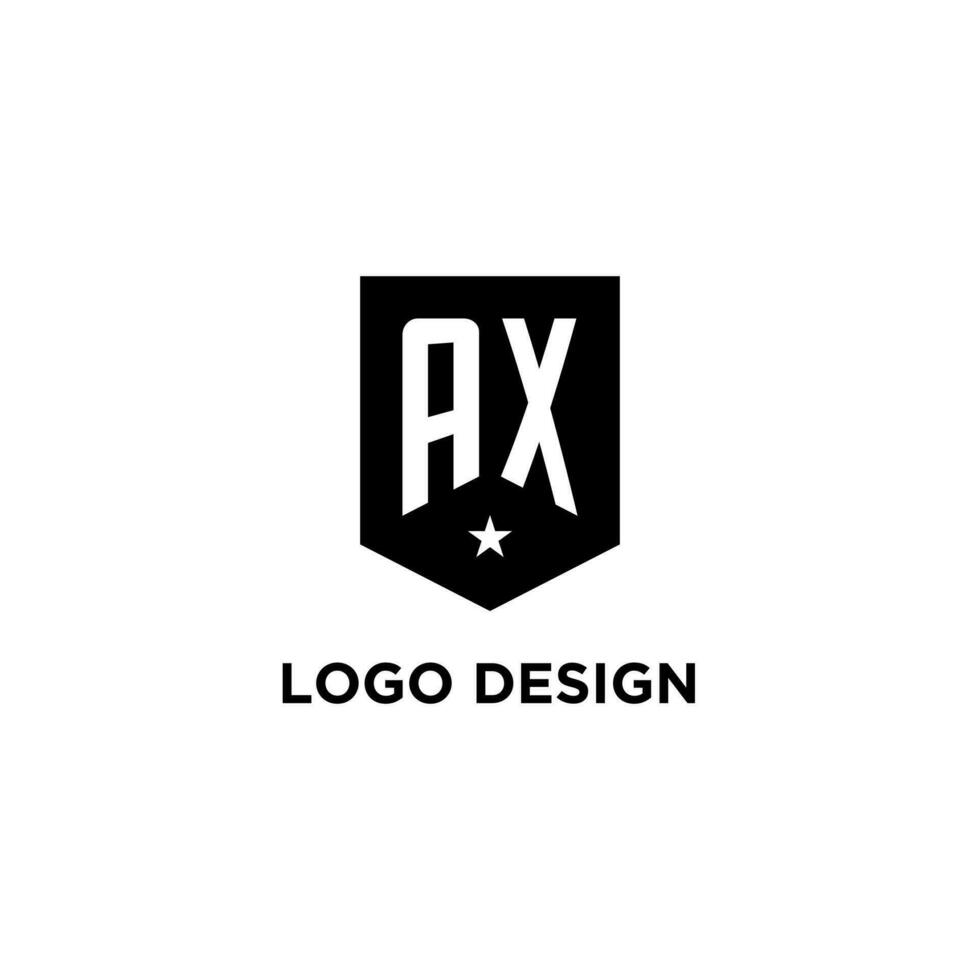 AX monogram initial logo with geometric shield and star icon design style vector