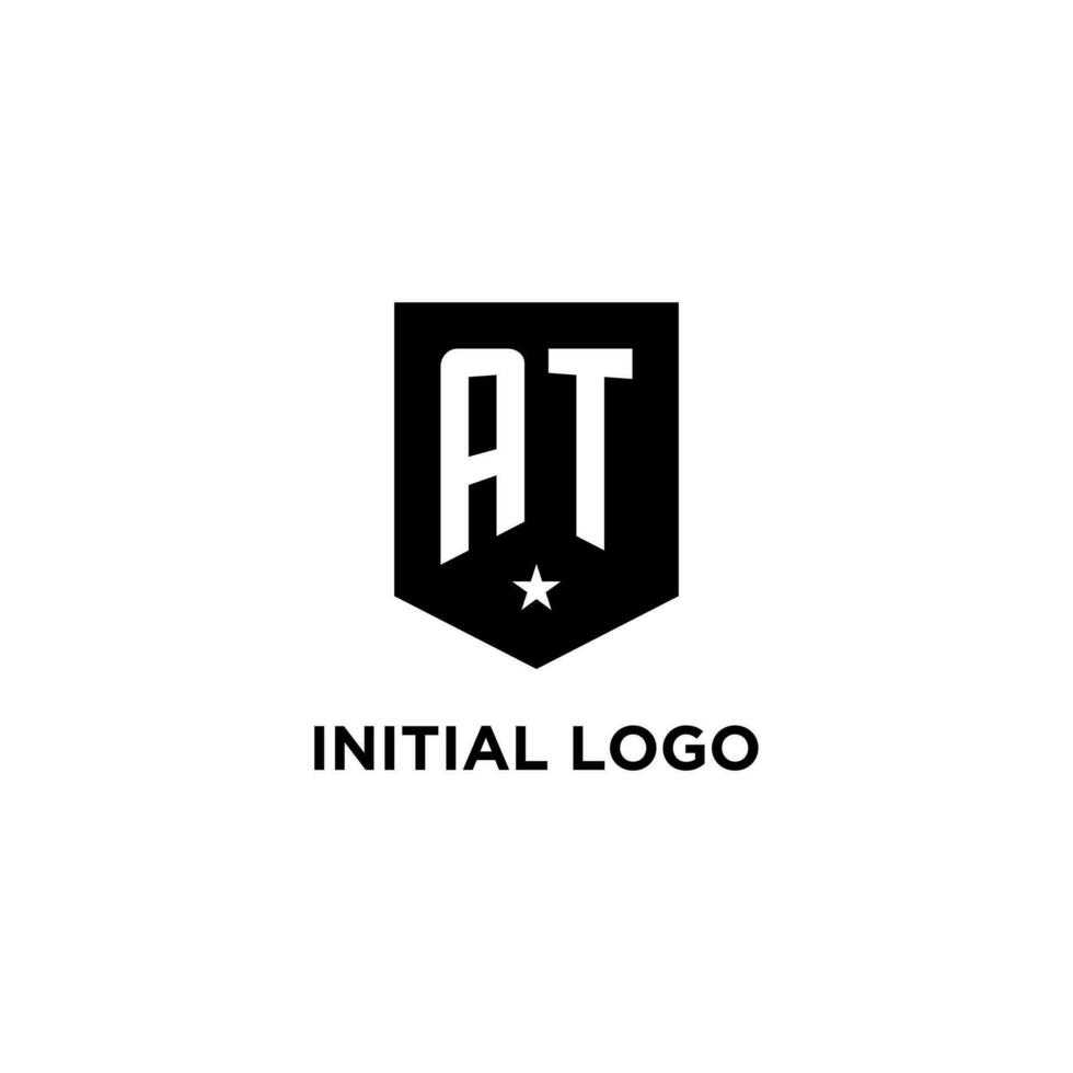 AT monogram initial logo with geometric shield and star icon design style vector
