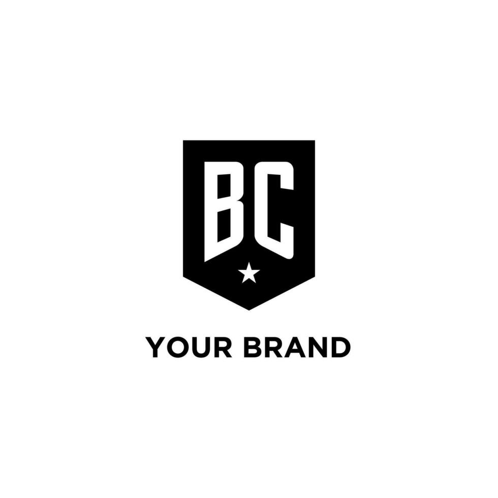 BC monogram initial logo with geometric shield and star icon design style vector