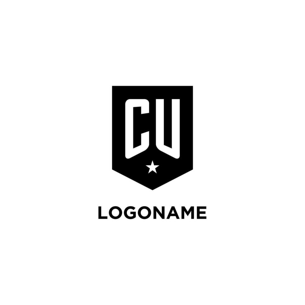 CU monogram initial logo with geometric shield and star icon design style vector