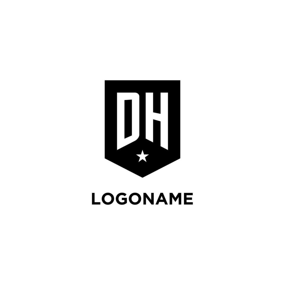 DH monogram initial logo with geometric shield and star icon design style vector