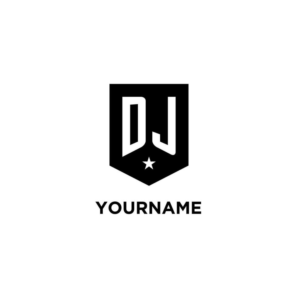 DJ monogram initial logo with geometric shield and star icon design style vector