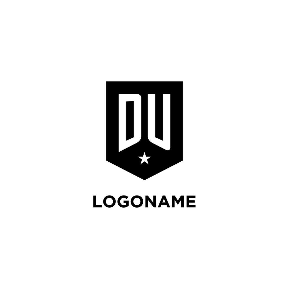 DU monogram initial logo with geometric shield and star icon design style vector