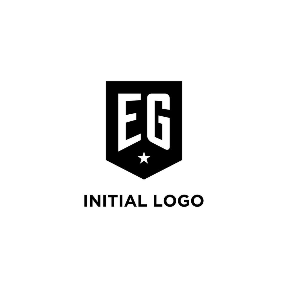 EG monogram initial logo with geometric shield and star icon design style vector