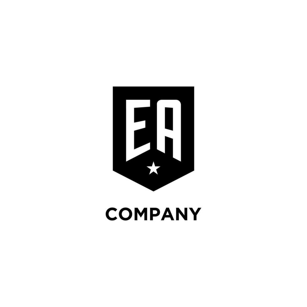 EA monogram initial logo with geometric shield and star icon design style vector