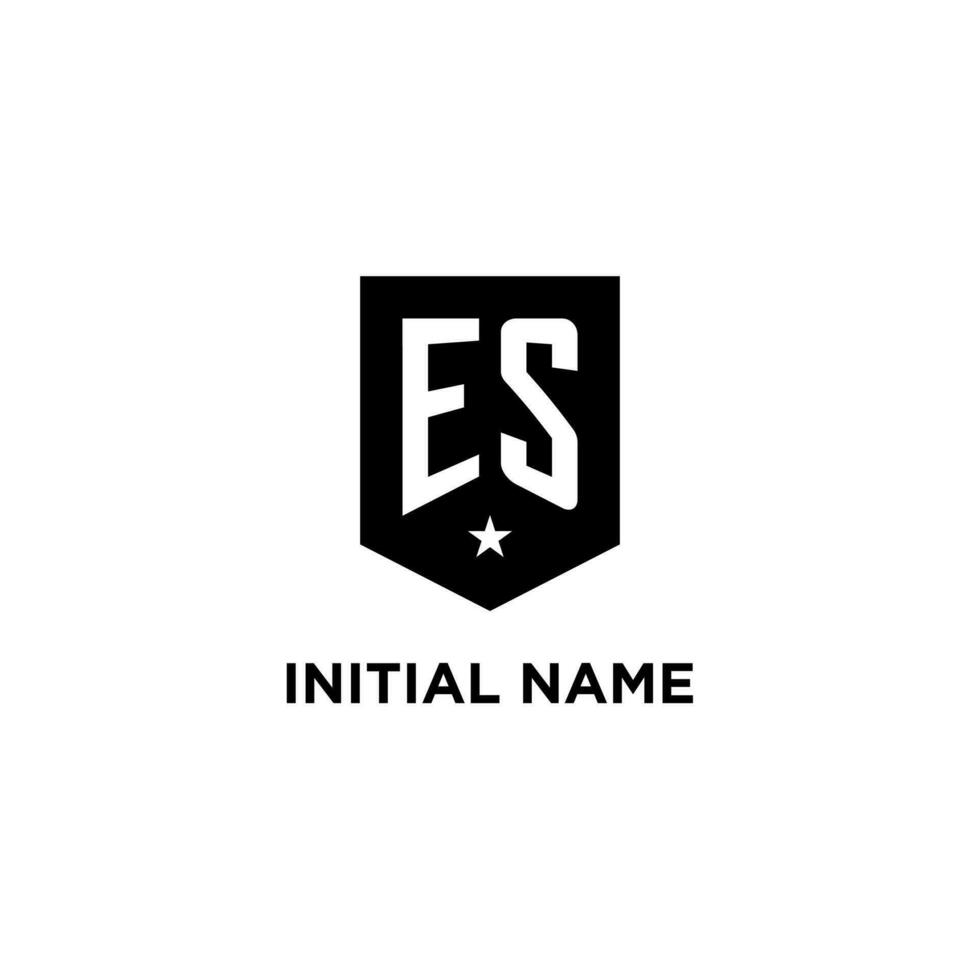 ES monogram initial logo with geometric shield and star icon design style vector