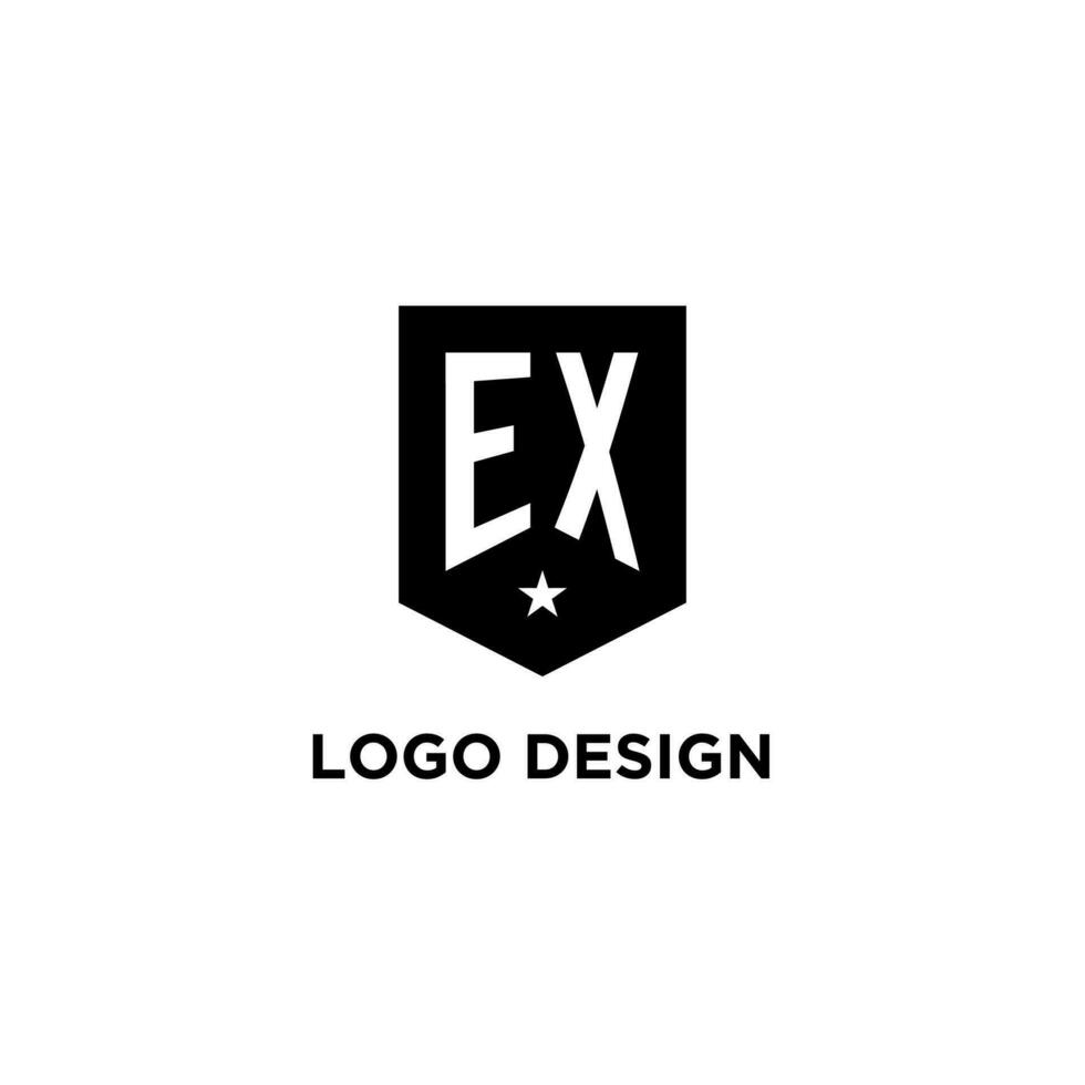 EX monogram initial logo with geometric shield and star icon design style vector