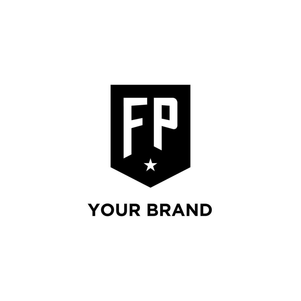 FP monogram initial logo with geometric shield and star icon design style vector