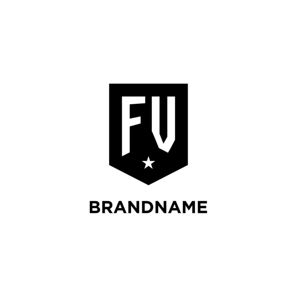 FV monogram initial logo with geometric shield and star icon design style vector