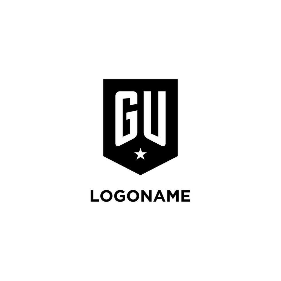 GU monogram initial logo with geometric shield and star icon design style vector
