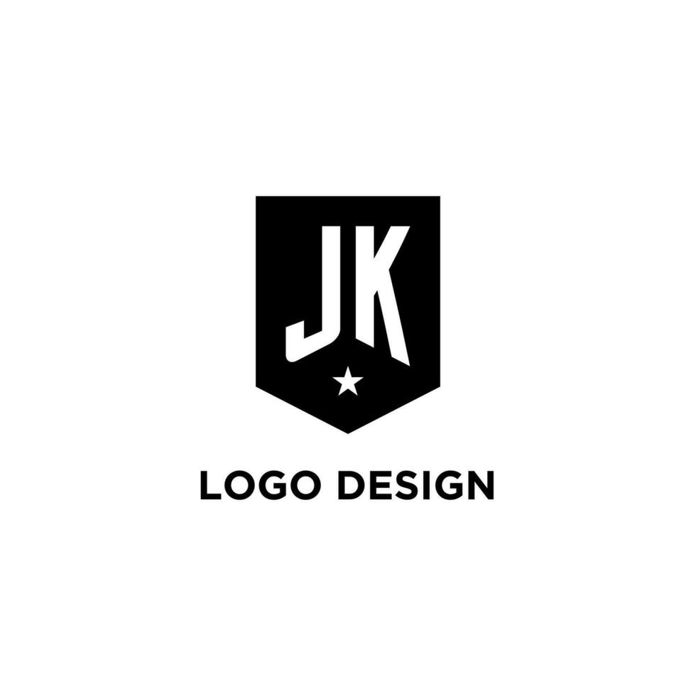 JK monogram initial logo with geometric shield and star icon design style vector