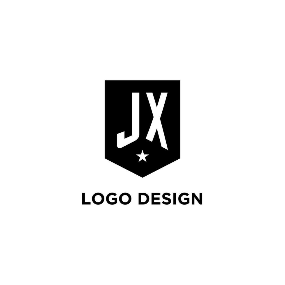 JX monogram initial logo with geometric shield and star icon design style vector