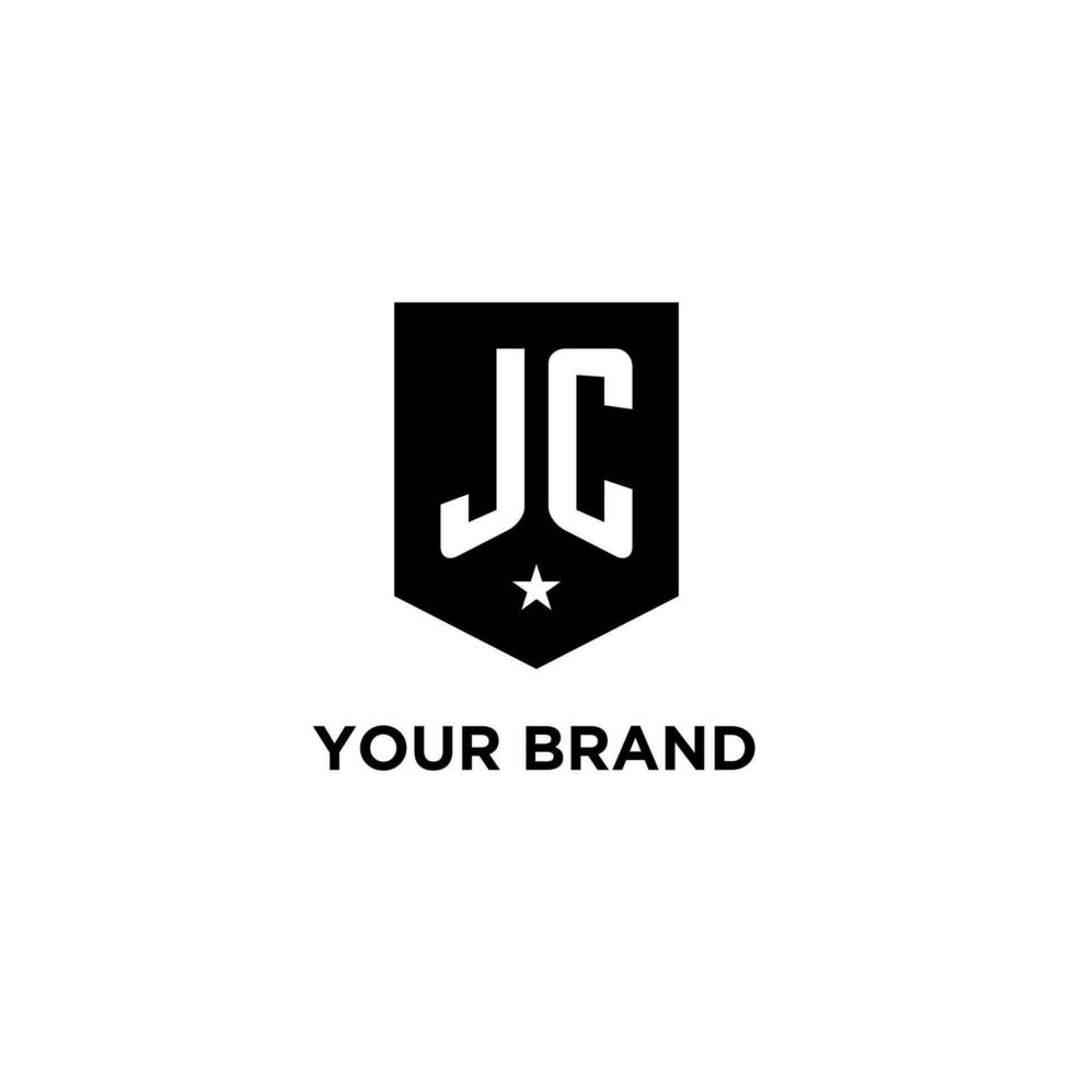 JC monogram initial logo with geometric shield and star icon design style vector