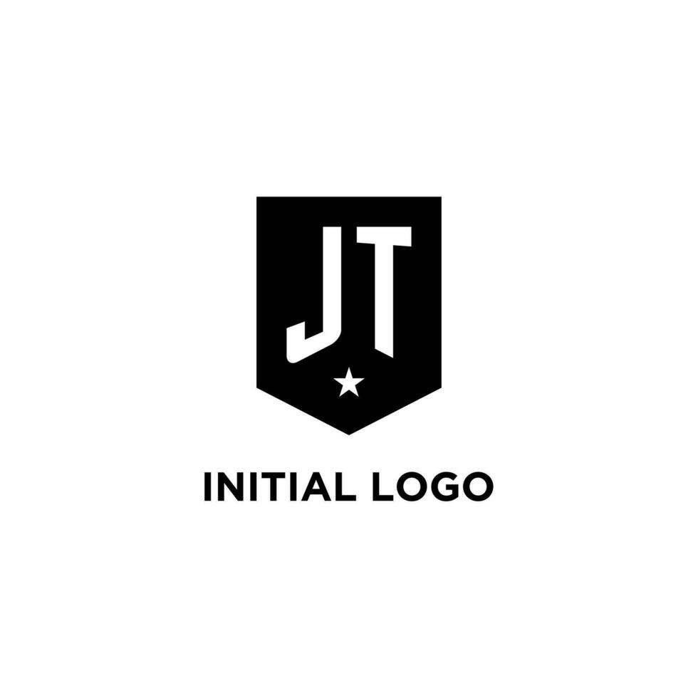 JT monogram initial logo with geometric shield and star icon design style vector