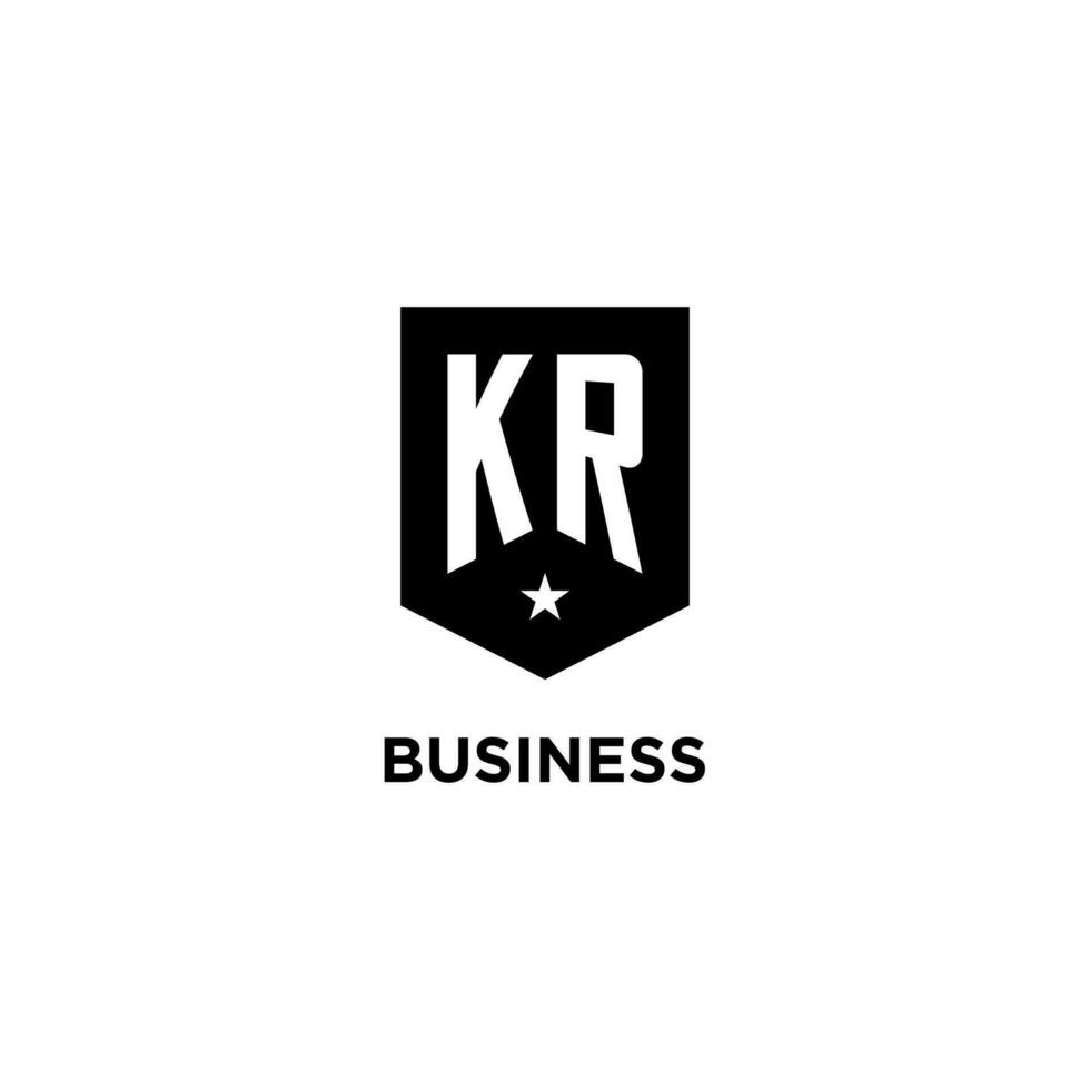 KR monogram initial logo with geometric shield and star icon design style vector