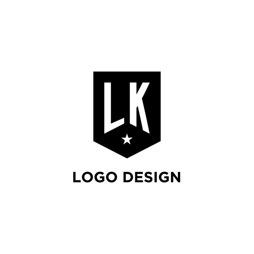 LK monogram initial logo with geometric shield and star icon design style vector