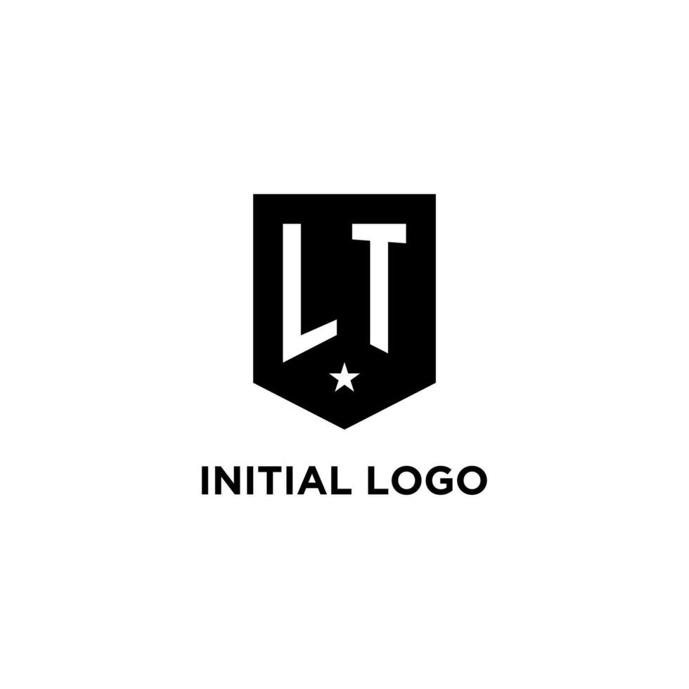 LT monogram initial logo with geometric shield and star icon design style vector