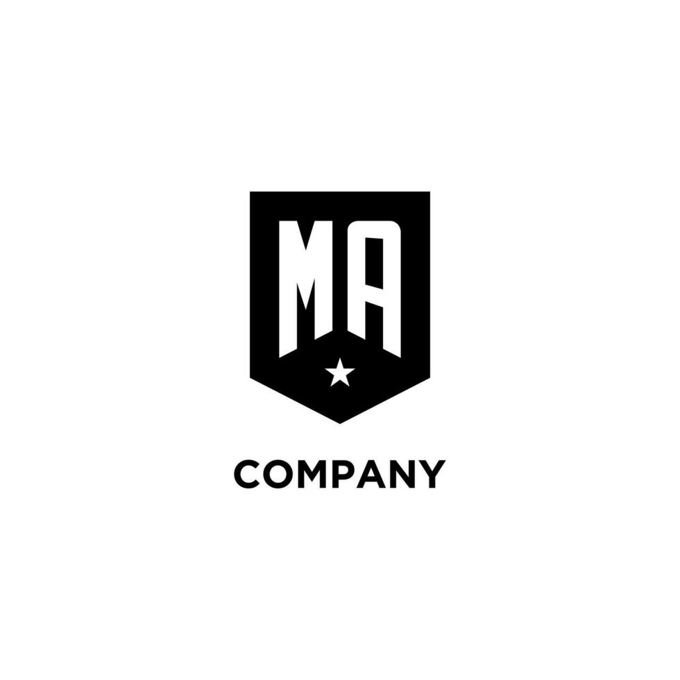 MA monogram initial logo with geometric shield and star icon design style vector