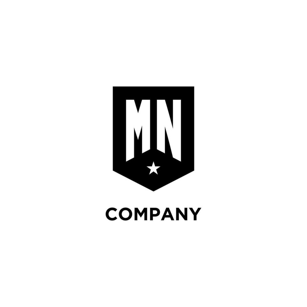 MN monogram initial logo with geometric shield and star icon design style vector