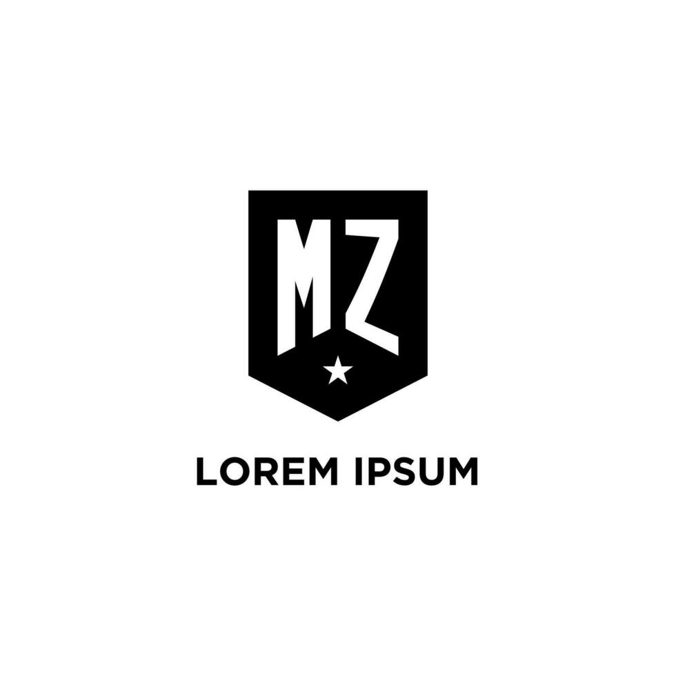 MZ monogram initial logo with geometric shield and star icon design style vector