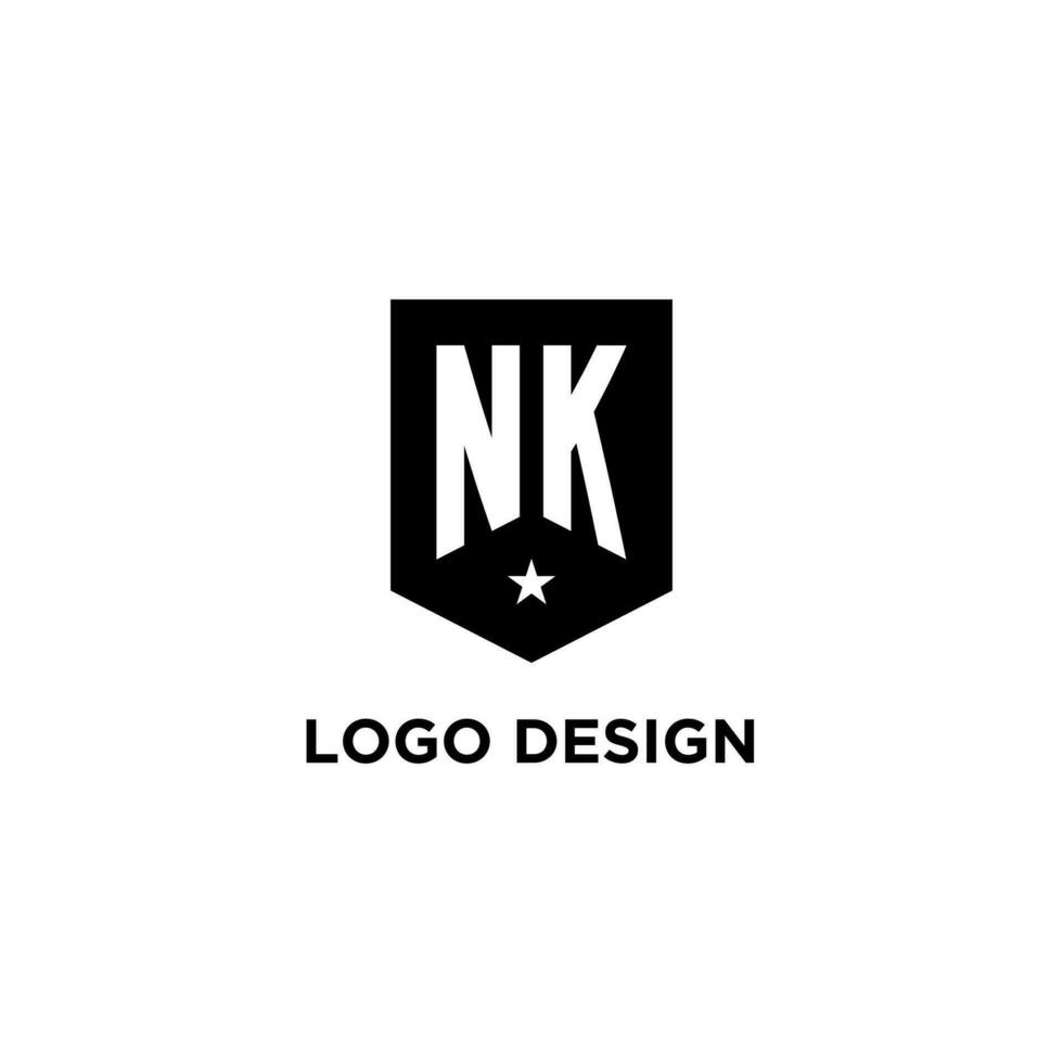 NK monogram initial logo with geometric shield and star icon design style vector
