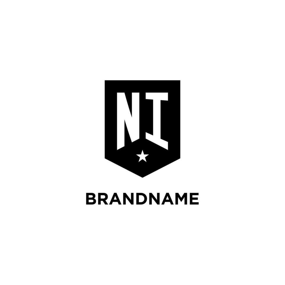 NI monogram initial logo with geometric shield and star icon design style vector