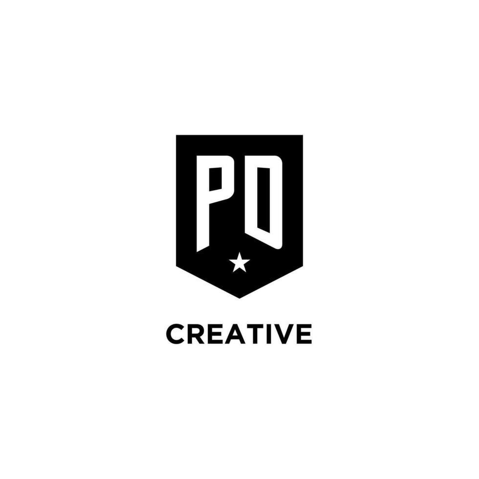 PD monogram initial logo with geometric shield and star icon design style vector