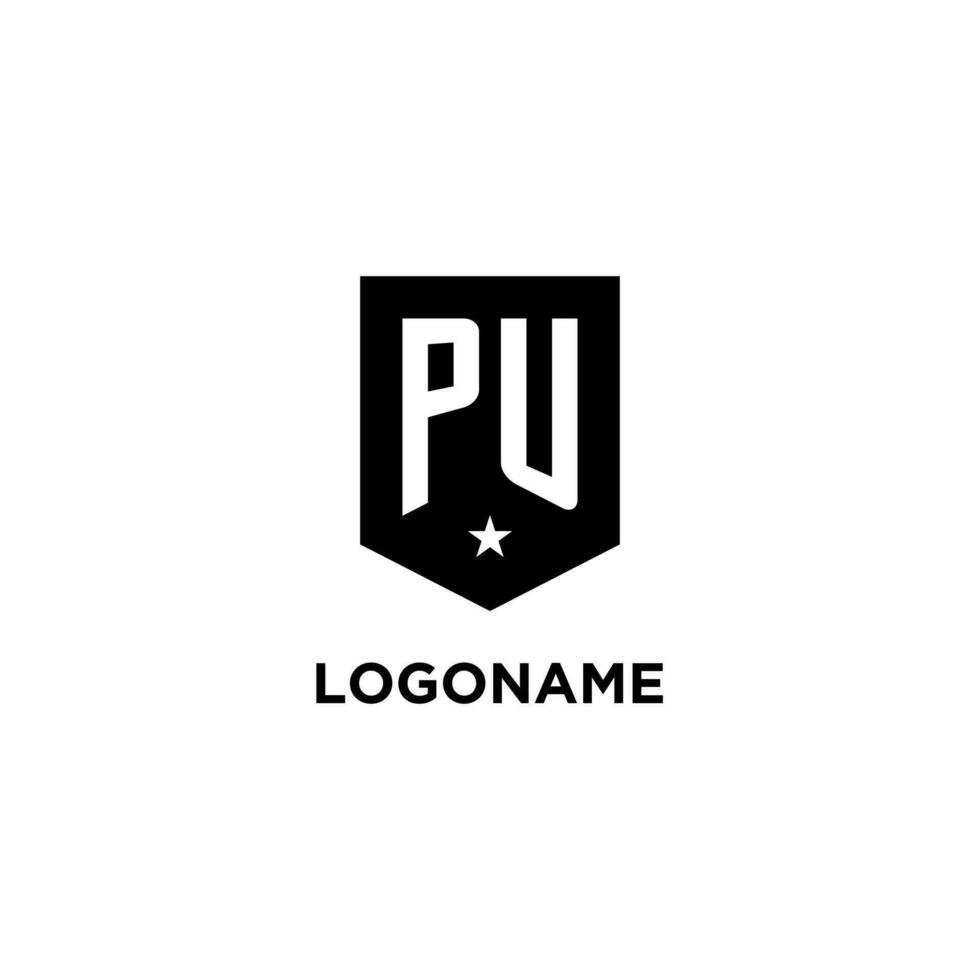 PU monogram initial logo with geometric shield and star icon design style vector