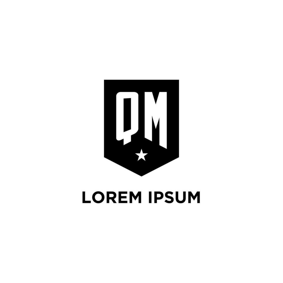 QM monogram initial logo with geometric shield and star icon design style vector