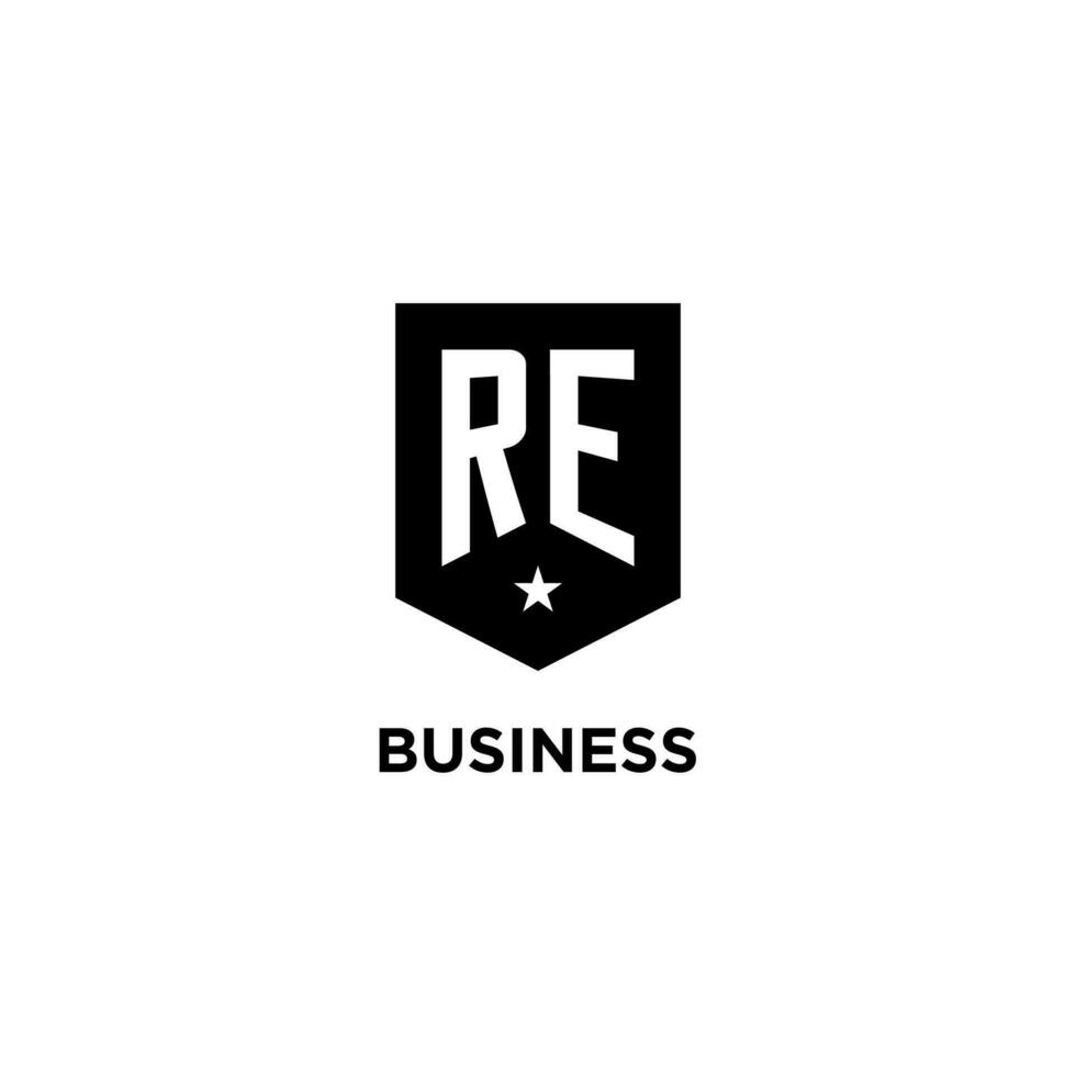 RE monogram initial logo with geometric shield and star icon design style vector