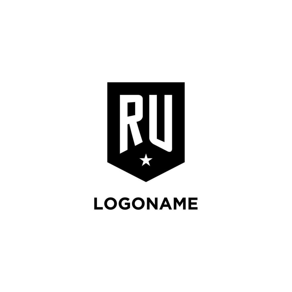RU monogram initial logo with geometric shield and star icon design style vector