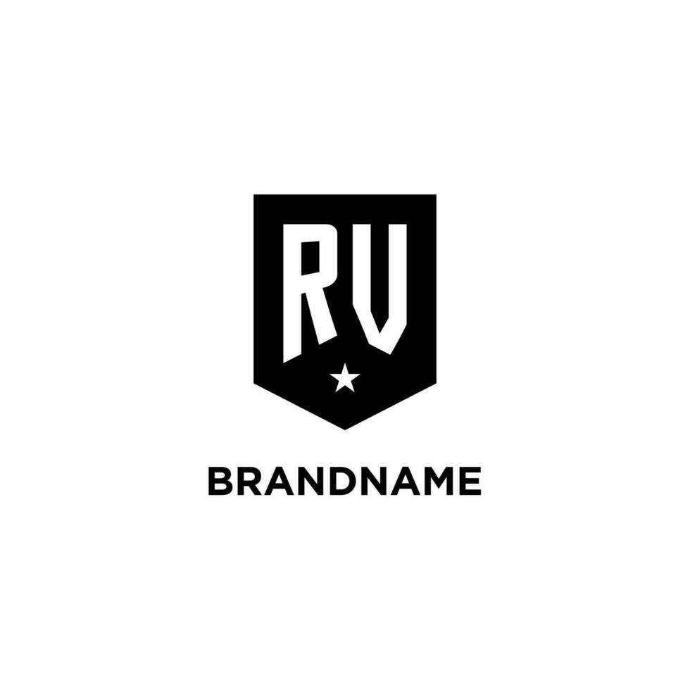RV monogram initial logo with geometric shield and star icon design style vector