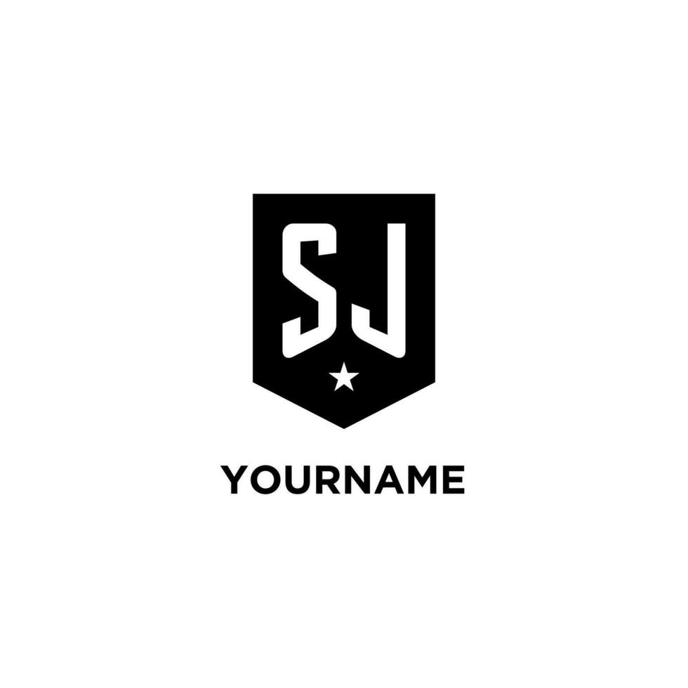 SJ monogram initial logo with geometric shield and star icon design style vector