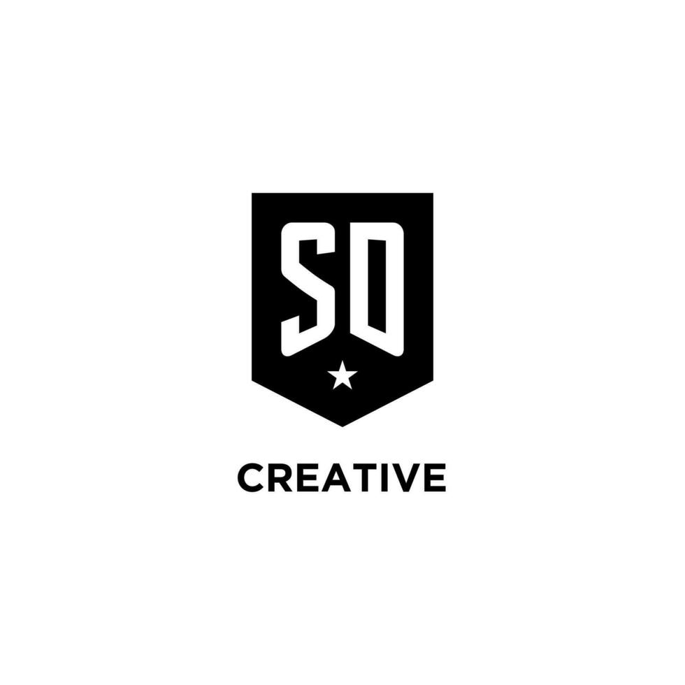 SD monogram initial logo with geometric shield and star icon design style vector
