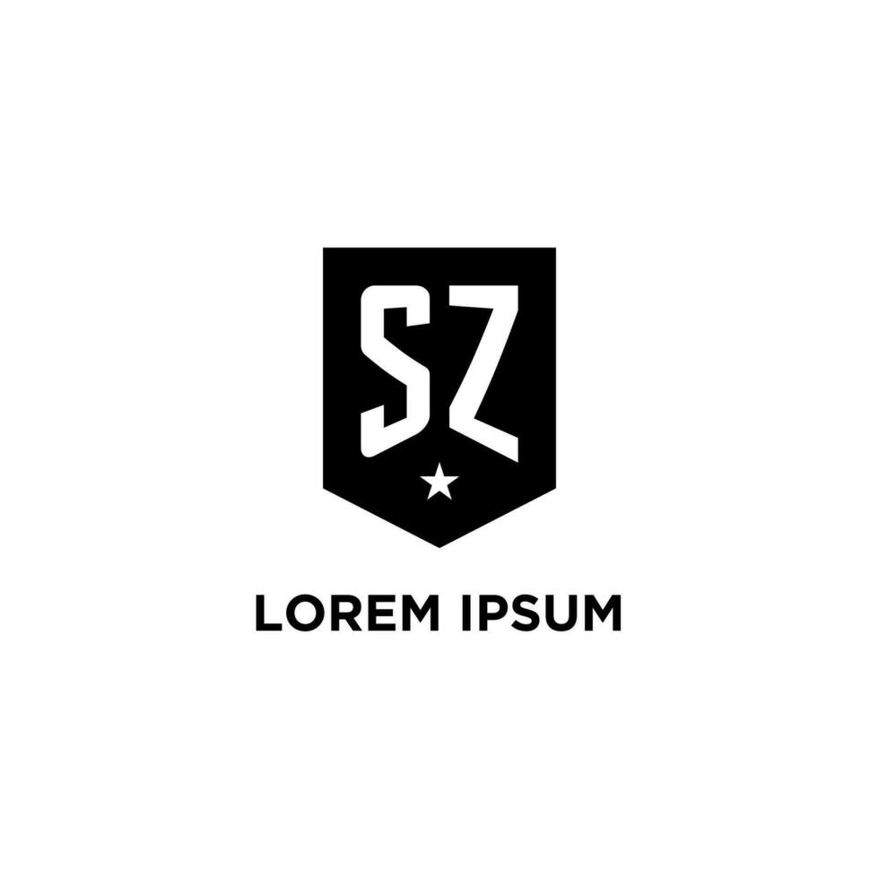 SZ monogram initial logo with geometric shield and star icon design style vector
