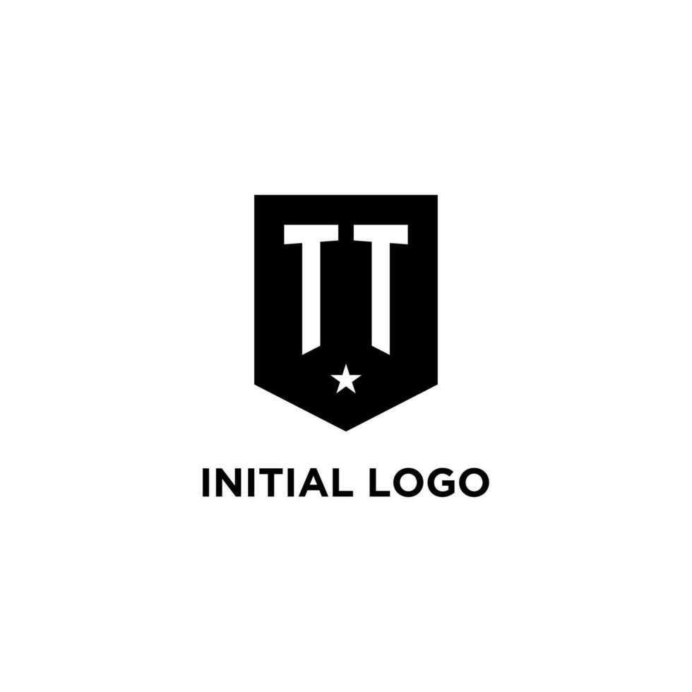 TT monogram initial logo with geometric shield and star icon design style vector