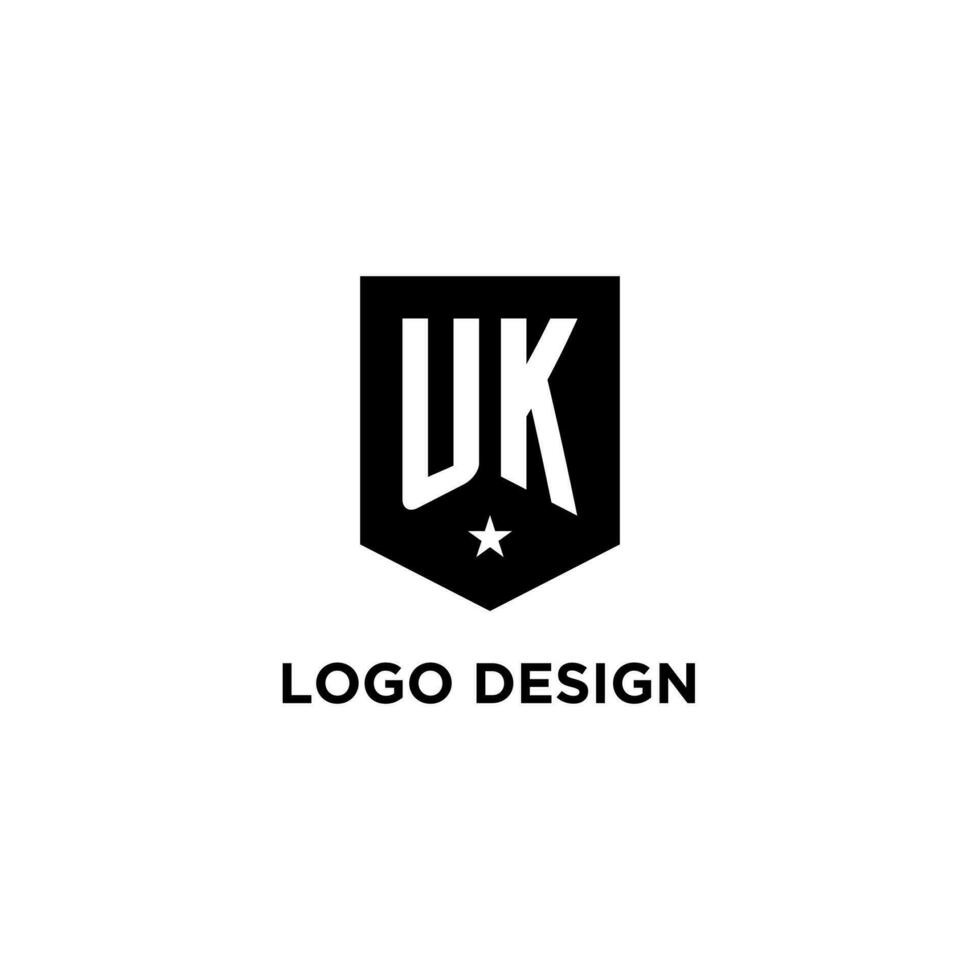 UK monogram initial logo with geometric shield and star icon design style vector